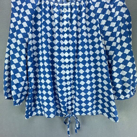 Talbots Top Womens Medium Blue White Pullover Linen Elastic Tie Hem 3/4 Sleeve - Picture 3 of 14